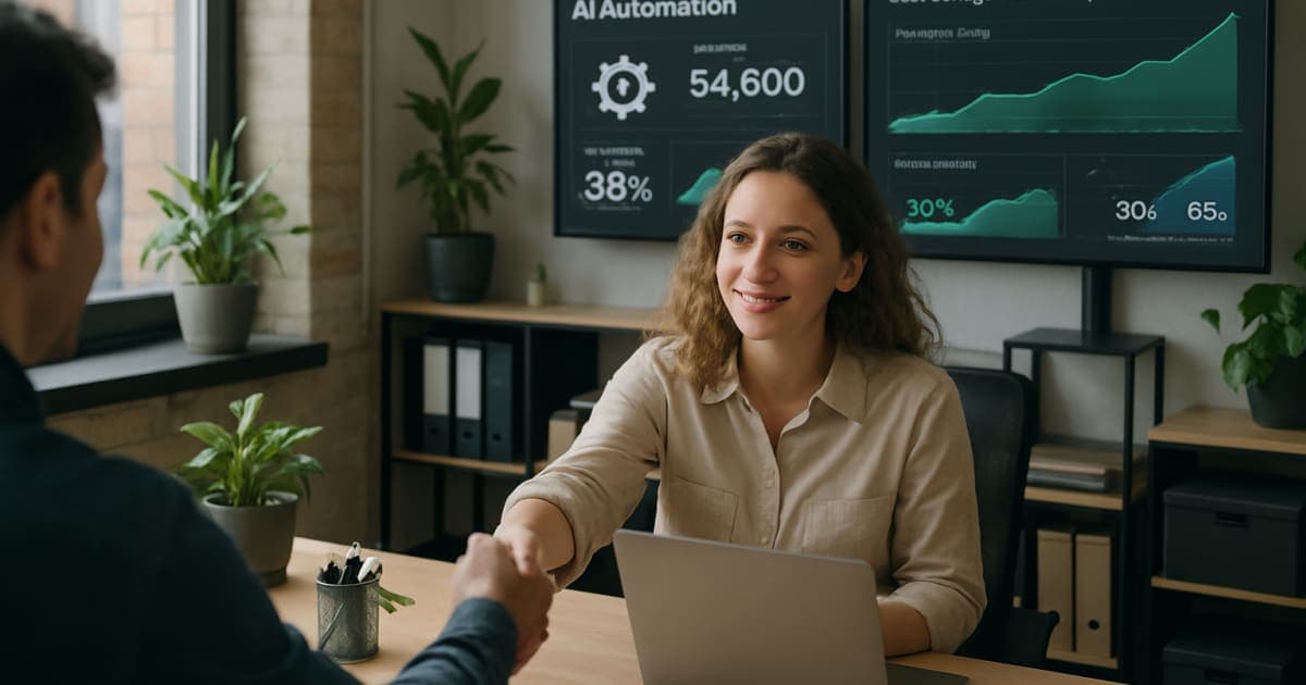 Business professionals analyzing cost reduction charts on laptops while implementing AI automation solutions