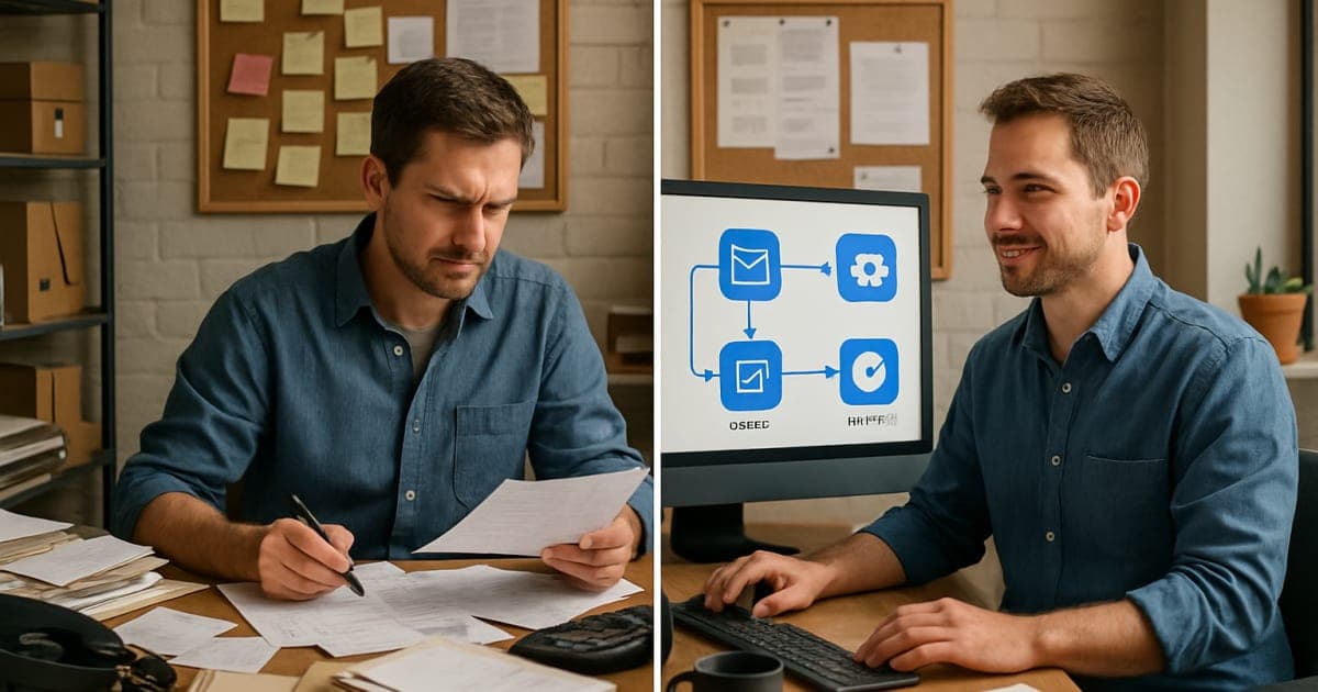Small business owner using laptop with automated workflow diagrams on screen, showing streamlined processes