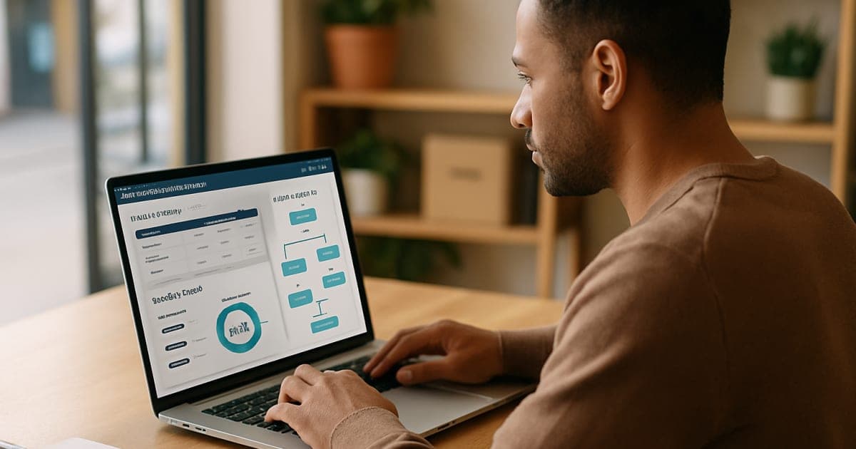 Small business owner using laptop with automated marketing dashboard displaying email campaigns and analytics