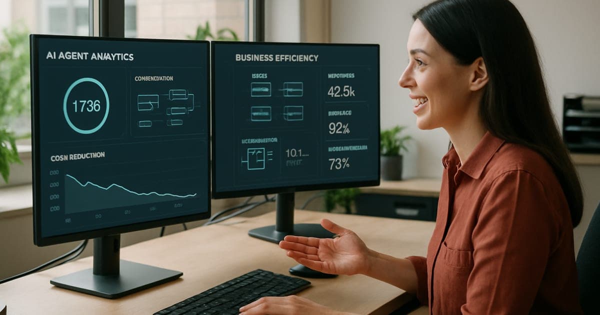 Business professionals analyzing AI automation dashboard showing cost reduction graphs and robotic process workflows on multiple monitors