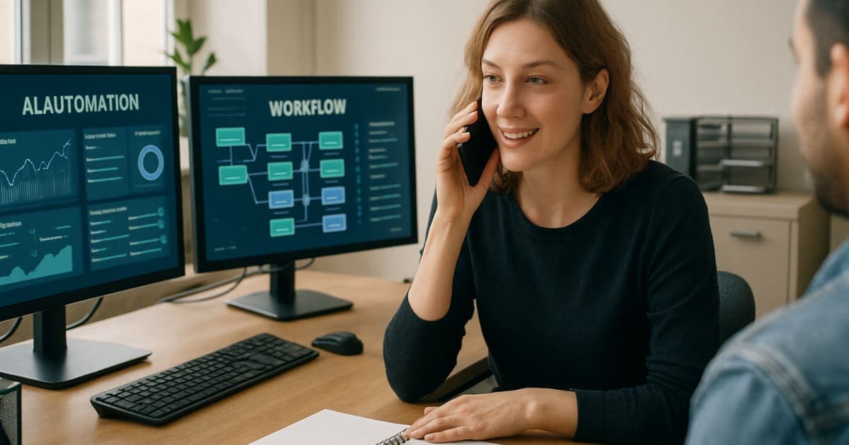 Small business owner reviewing automated workflow dashboard on laptop while AI-powered systems handle operations in modern office