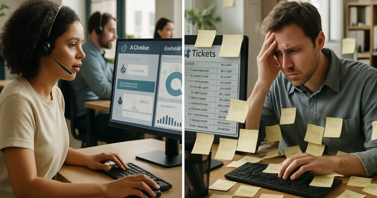 Customer service representative working alongside chatbot interface on computer screen showing automated responses