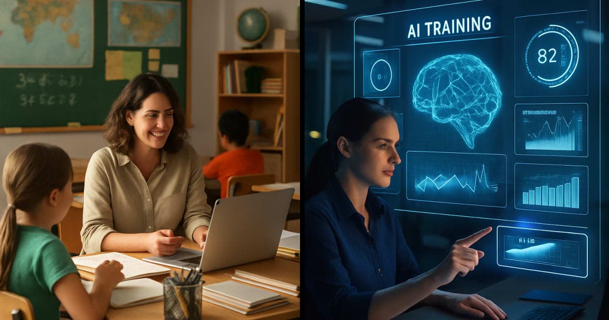 Business professionals collaborating around a computer screen displaying AI training dashboard with time-saving metrics