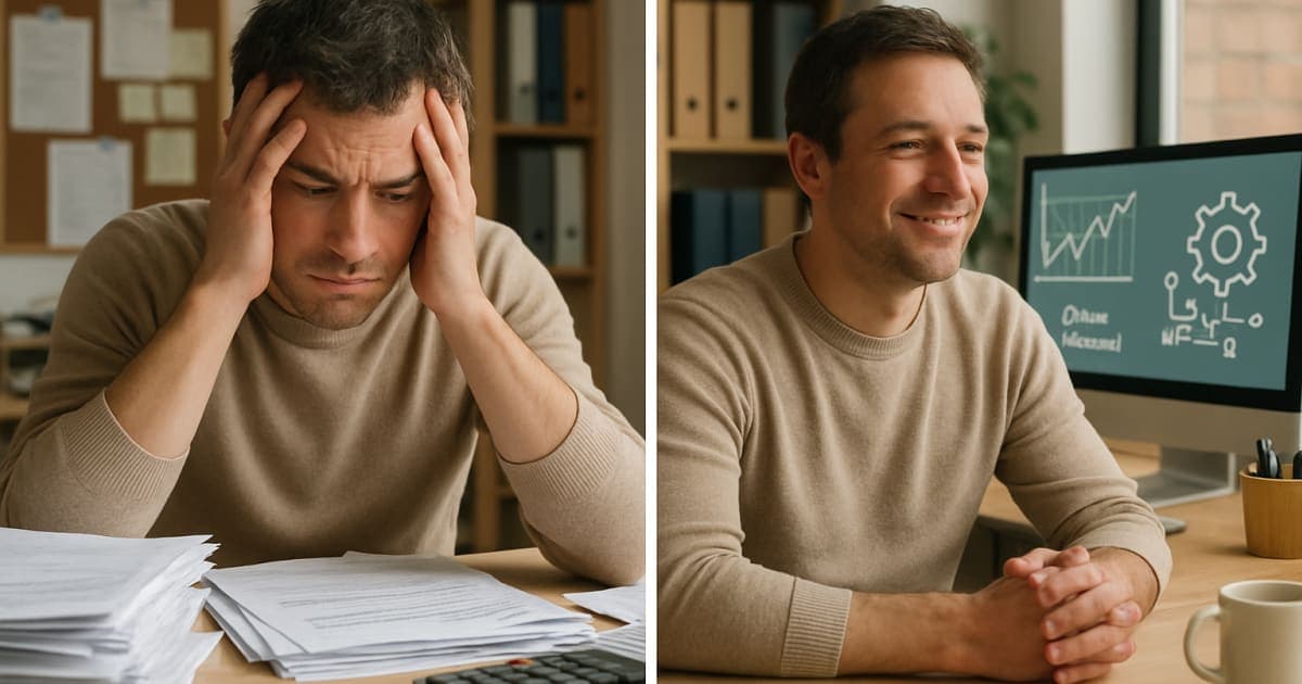 Small business owner at desk using laptop with automation dashboard, surrounded by organized workspace and productivity charts