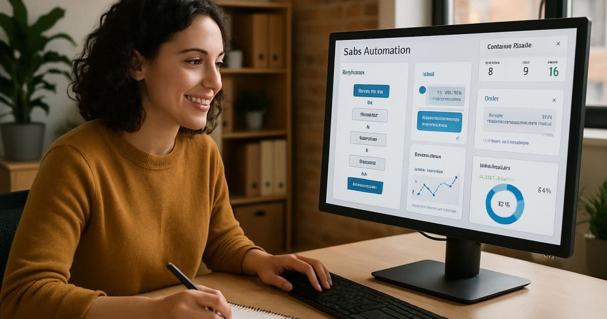 Professional businesswoman using tablet with digital automation dashboard displaying customer data and sales metrics