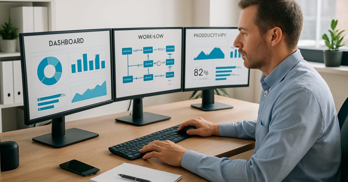 Business professional at organized desk using laptop with automated workflow software, surrounded by neat digital documents and productivity tools
