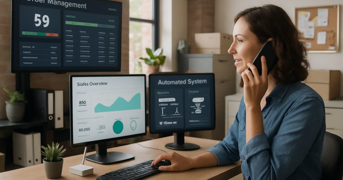 Small business owner analyzing efficiency charts and automation tools on laptop while reviewing workflow processes