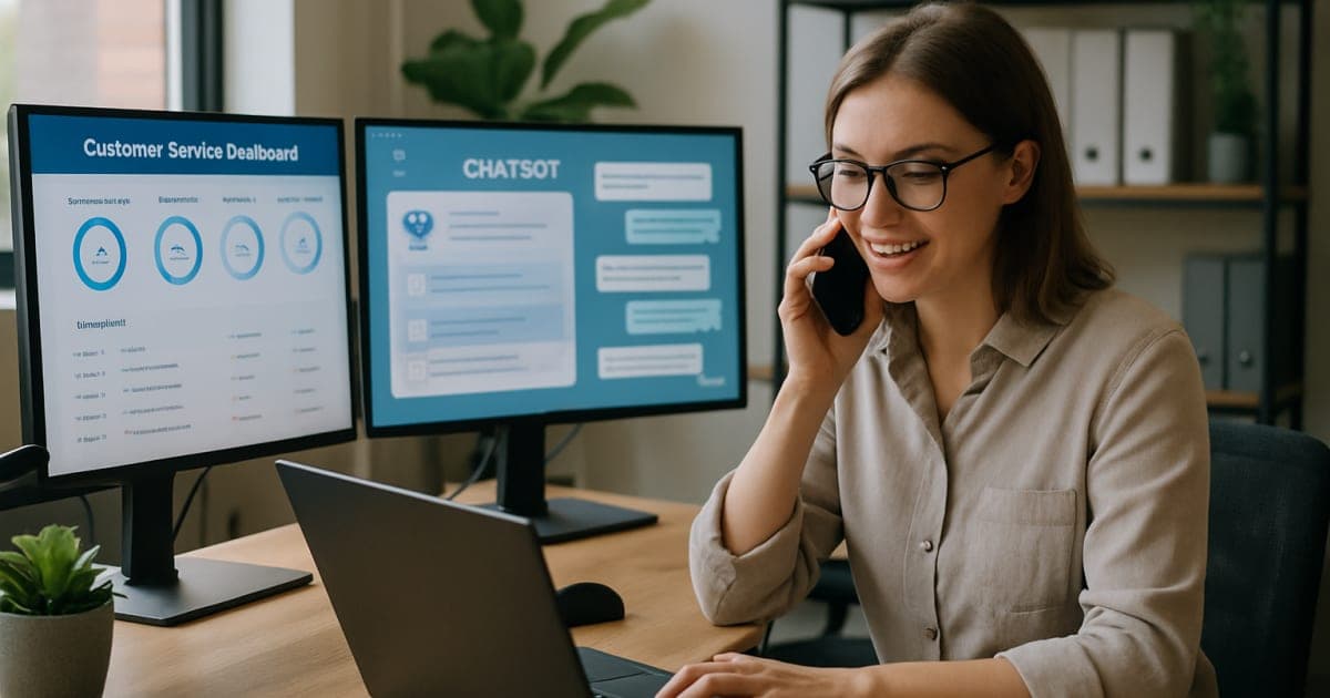 Small business owner using tablet with AI chatbot interface while customer service automation icons float above desk