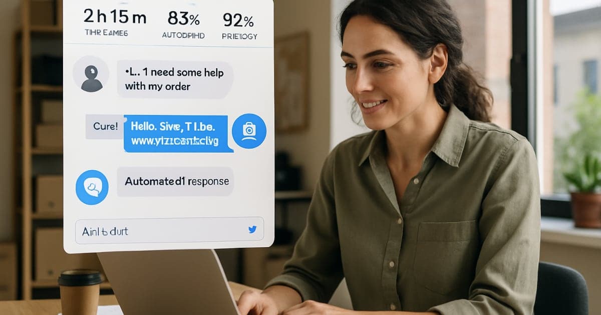 Professional customer service representative working with AI chatbot interface and automated support dashboard displaying efficiency metrics