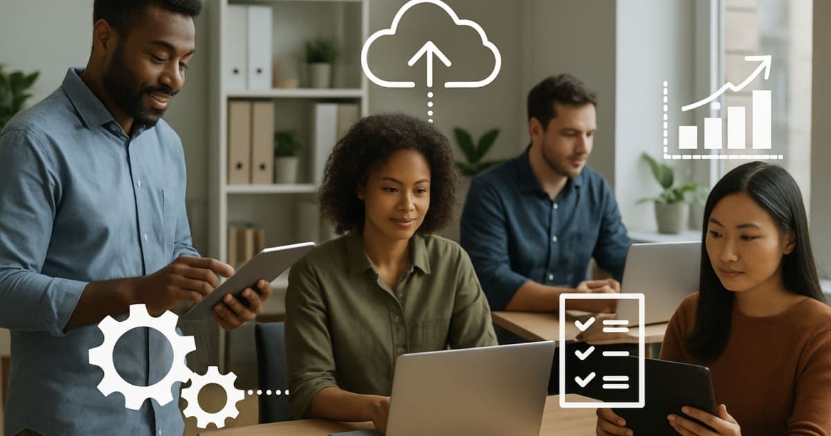 Small business owner using laptop and smartphone at modern desk with organized workspace and digital tools