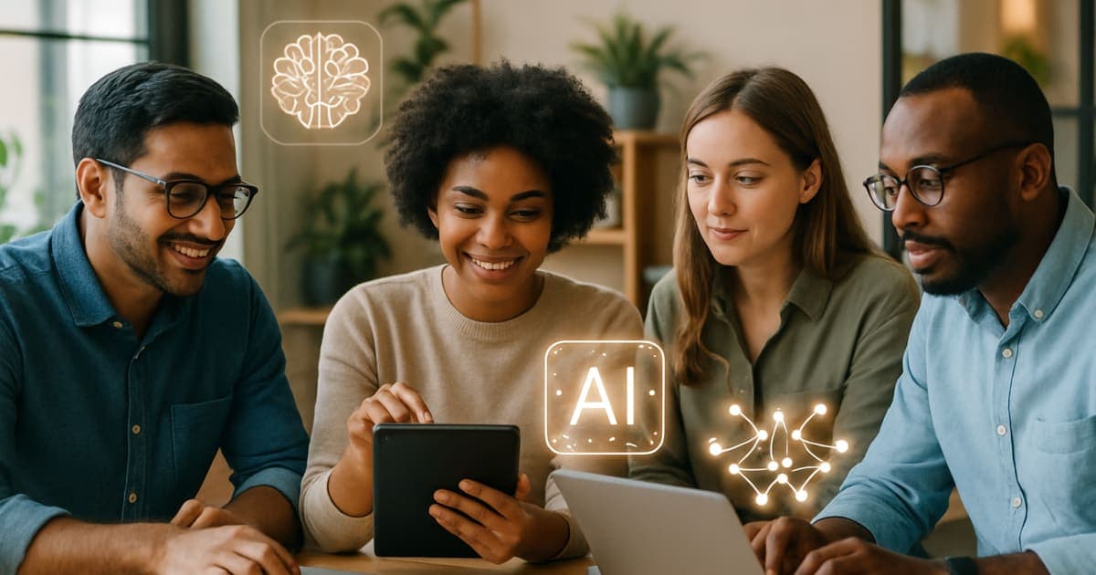 Small business team gathered around laptop learning AI tools in modern office conference room
