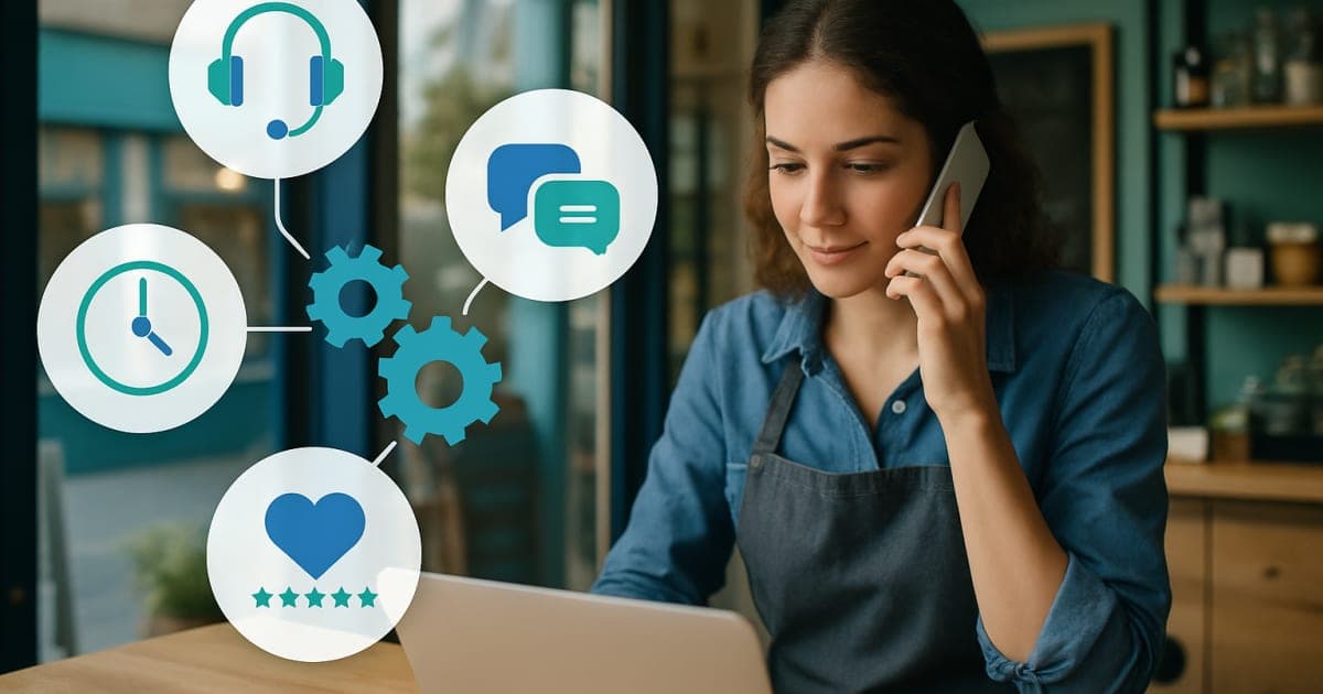 Small business owner using laptop with customer service automation dashboard displaying chat responses and workflow charts