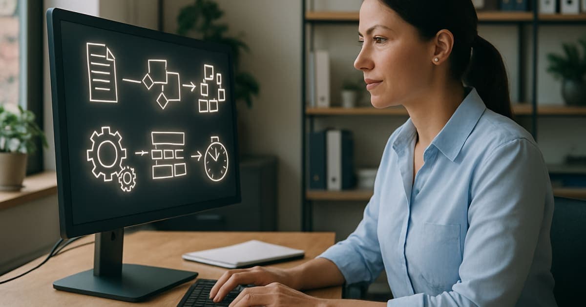 Professional businesswoman working at laptop with automated workflow diagrams and efficiency charts displayed on screen