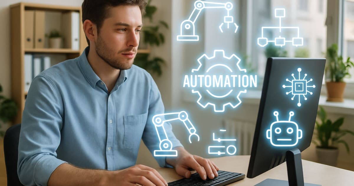 Business owner using tablet to manage automated systems while standing in modern office workspace