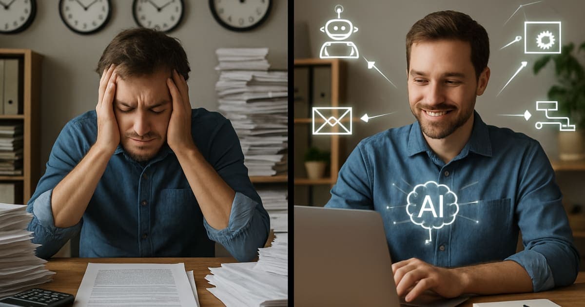 Small business owner reviewing AI automation dashboard on laptop while clock shows saved time in modern office
