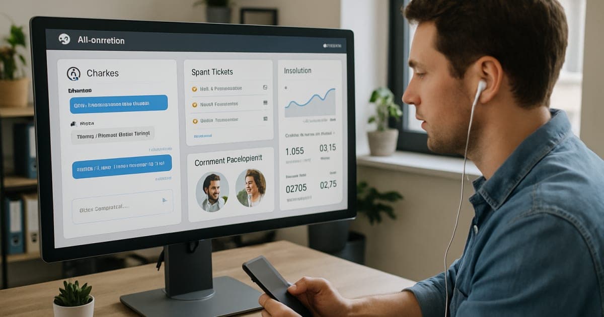 Professional customer service representative using headset while working with automated support software on computer screen