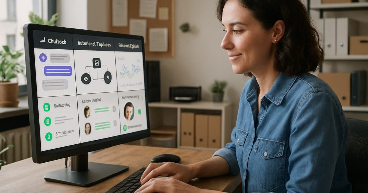 Modern customer service representative using AI chatbot interface on computer screen with automated support dashboard
