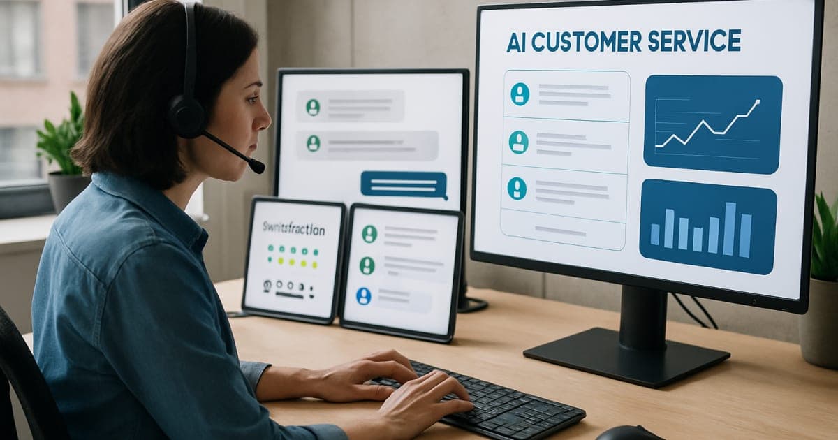 Small business owner using laptop with AI chatbot interface while serving customers in modern office
