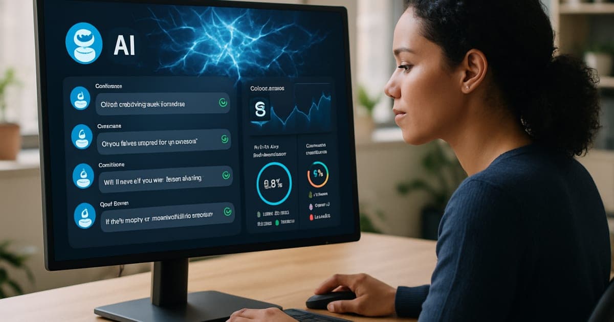 A business professional reviewing AI chatbot analytics on a laptop while customers receive instant support