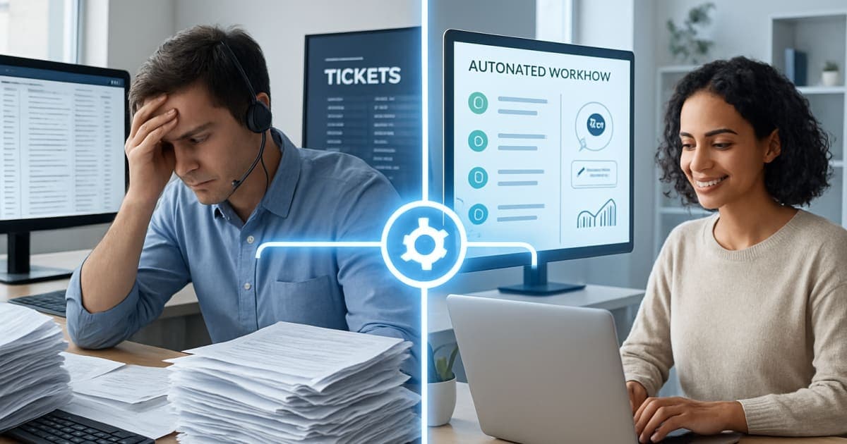 A professional reviewing automated customer service workflow charts on a modern digital dashboard