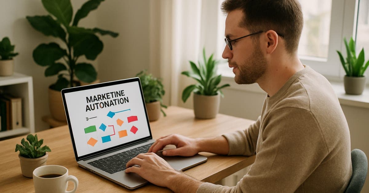 Small business owner smiling while using laptop to manage automated marketing campaigns at desk
