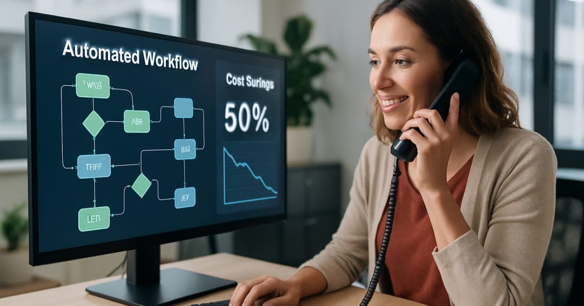 Professional in a modern office reviewing automated workflow charts on dual monitors with data dashboards