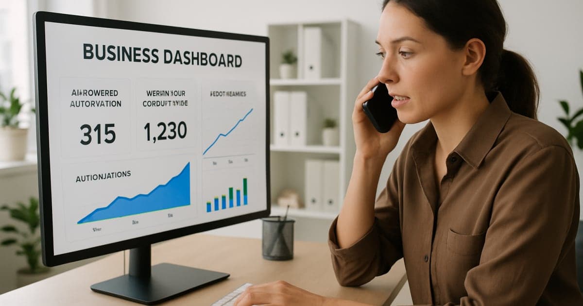 A business professional reviewing AI-powered dashboard analytics on a laptop in a modern office setting