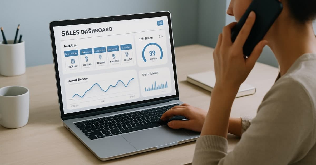A businessperson reviewing automated sales pipeline data on a laptop with charts and analytics displayed