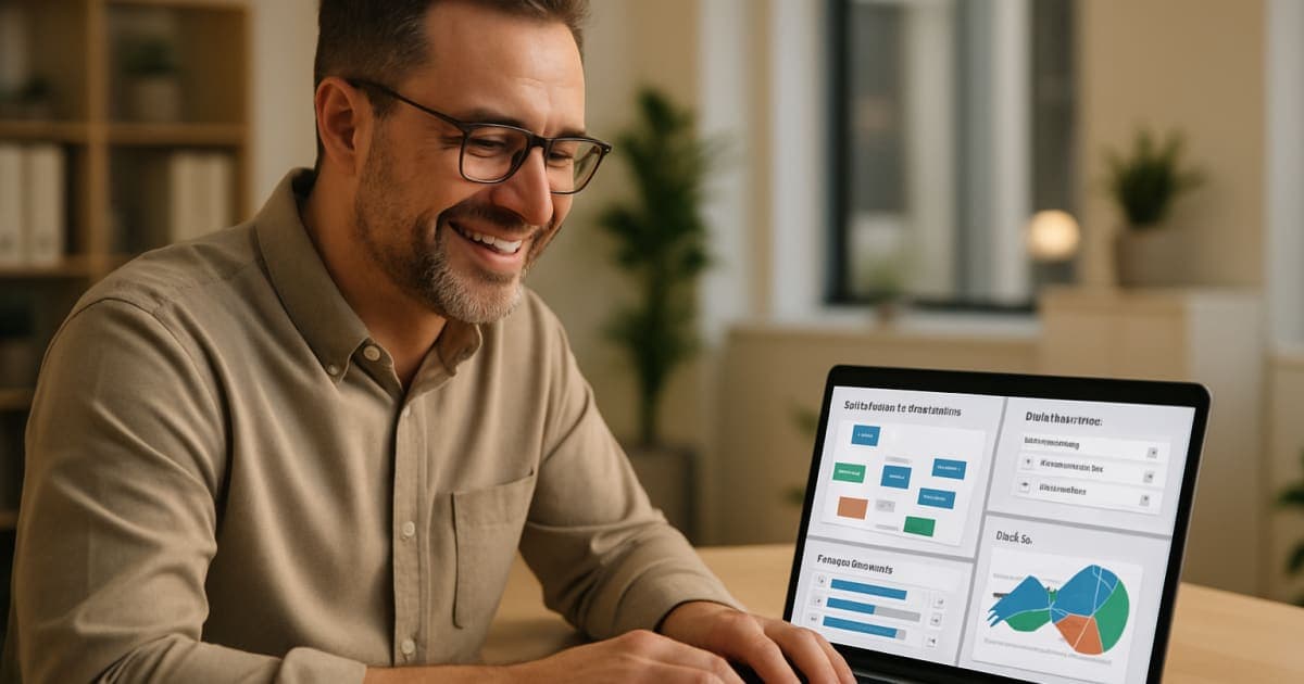 Small business owner reviewing automated marketing dashboard on laptop at modern desk
