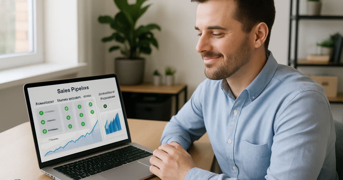 Salesperson reviewing automated sales dashboard on laptop while closing deals efficiently