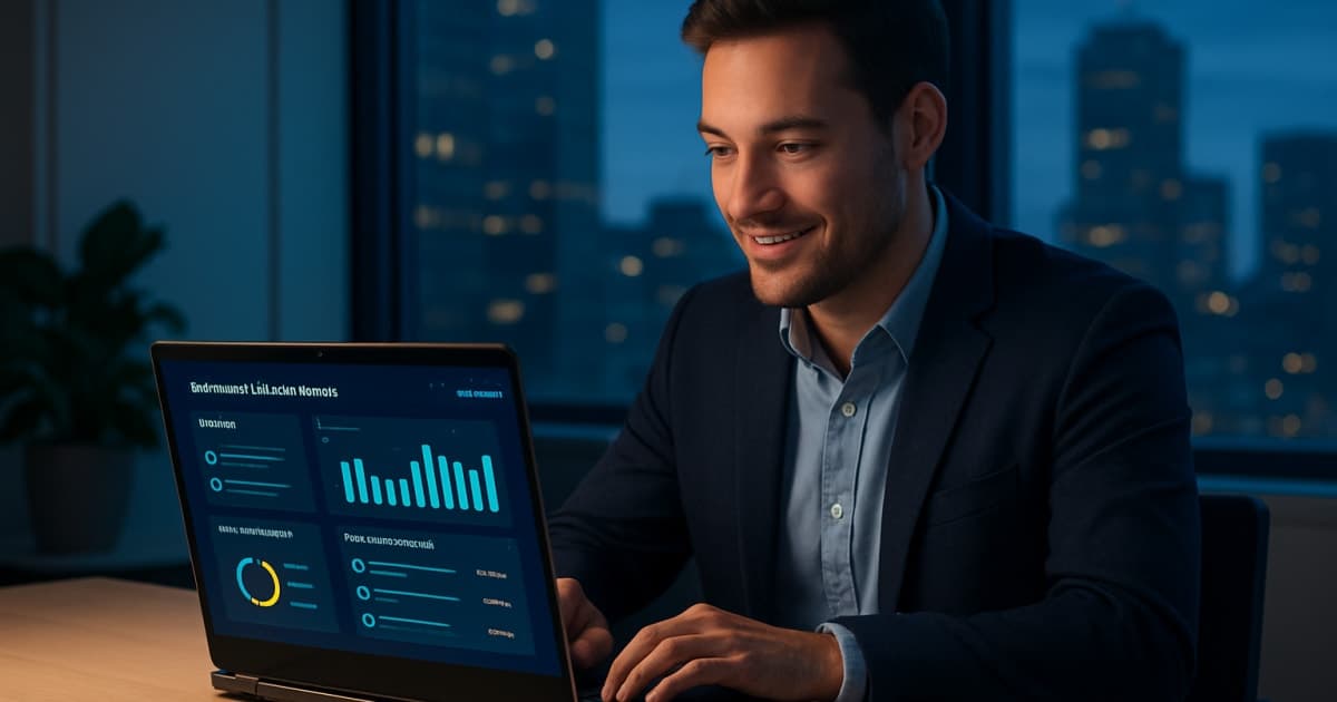Salesperson reviewing automated sales pipeline dashboard on laptop while closing deals