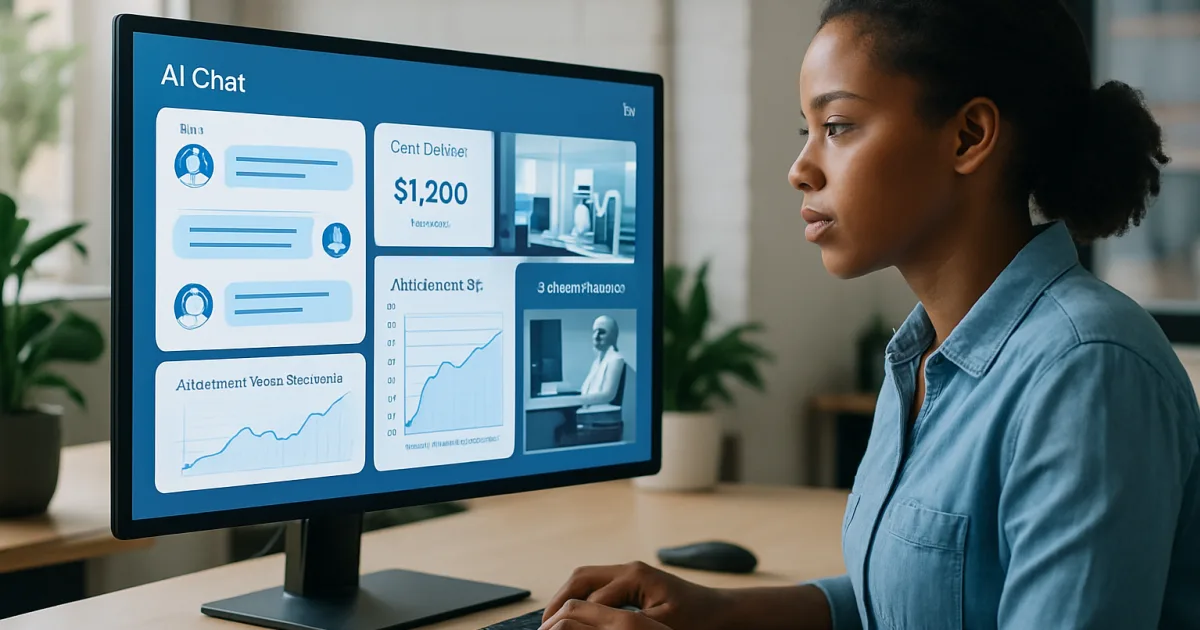 A customer service agent working alongside an AI chatbot interface on a modern computer screen
