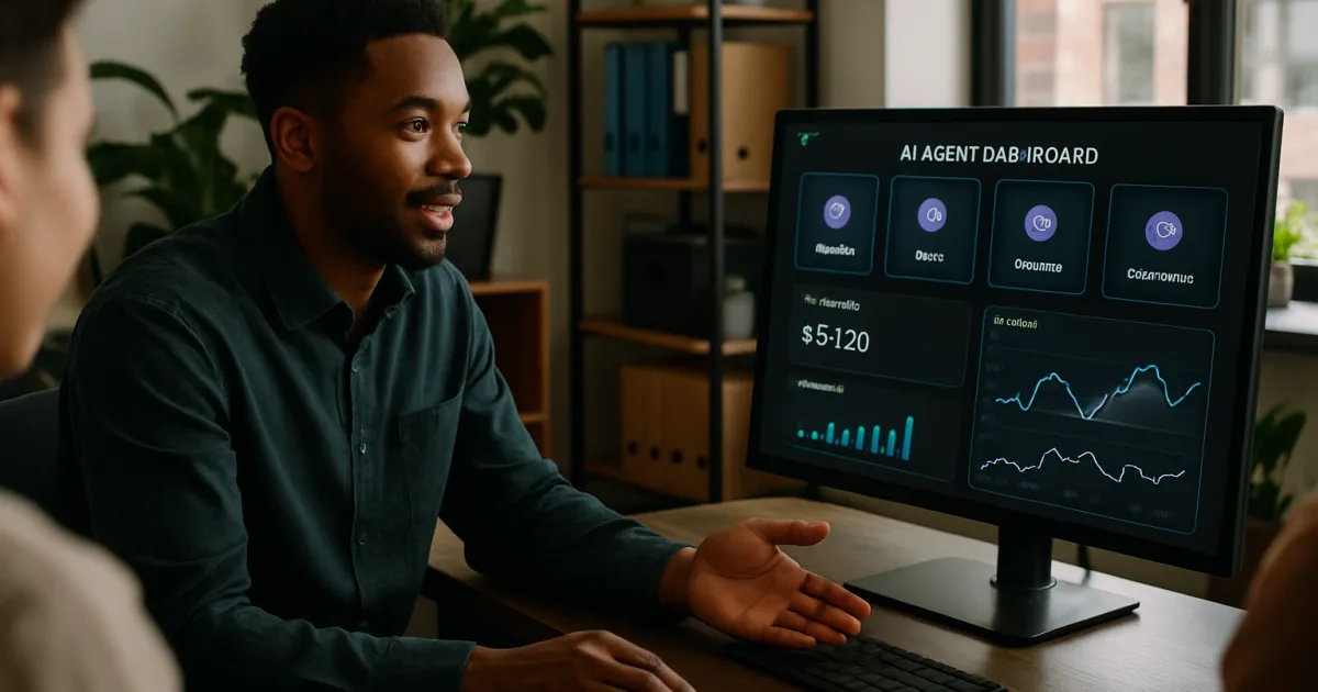 Business professional reviewing AI automation dashboard on laptop with cost reduction analytics charts
